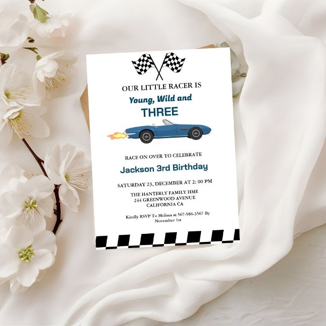 Invitation Blue Race Car Boy 3e fête d'anniversaire (Créateur téléchargé)
