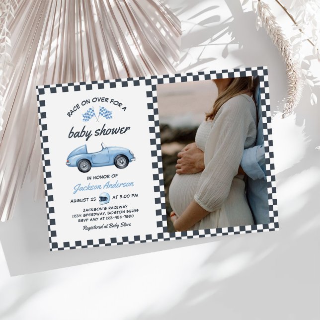 Invitation Blue Race Car Boy Baby shower Photo (Créateur téléchargé)