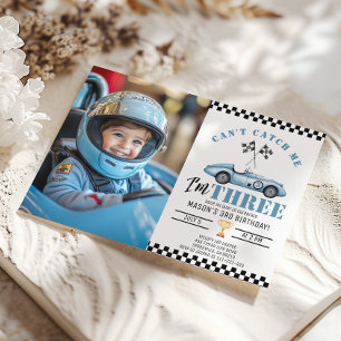 Invitation Blue Race car Cant me attraper Boy Photo 3e annive