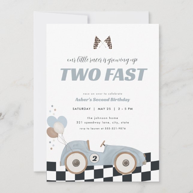 Invitation Blue Race Car Two Fast Second Birthday Invite  (Devant)