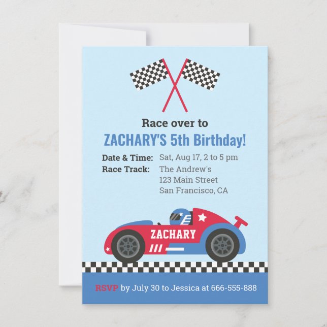 Invitation Blue Racing Car Anniversaire de enfant Party (Devant)