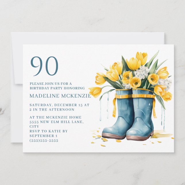 Invitation Blue Rainboots Tulipes jaunes 90e anniversaire (Devant)