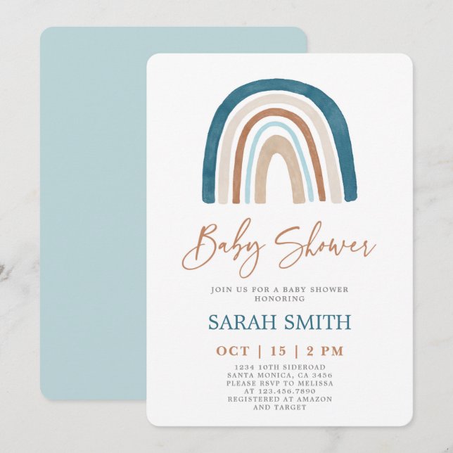 Invitation Blue Rainbow Baby shower garçon (Devant / Derrière)