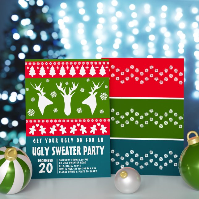 Invitation Blue Red et Green Reindeer Ugly Sweat Party (Blue Red and Green Reindeer Ugly Sweater Party Invitation)