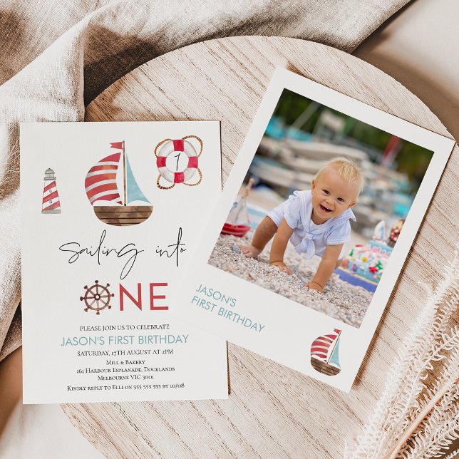 Invitation Blue Red Photo Nautique Bateau à voile 1er Anniver (Sweet nautical themed sailing into one 1st birthday invitation with a photo on the back.)