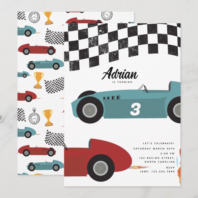 Invitation Blue Red Race Fast Retro Racing Cars Anniversaire (Devant / Derrière)