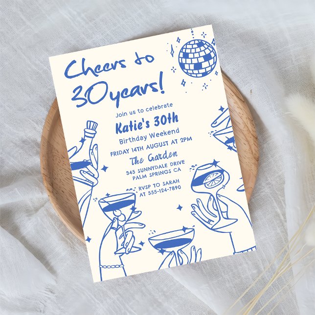Invitation Blue Retro Main dessinée Funky 30e anniversaire (Créateur téléchargé)