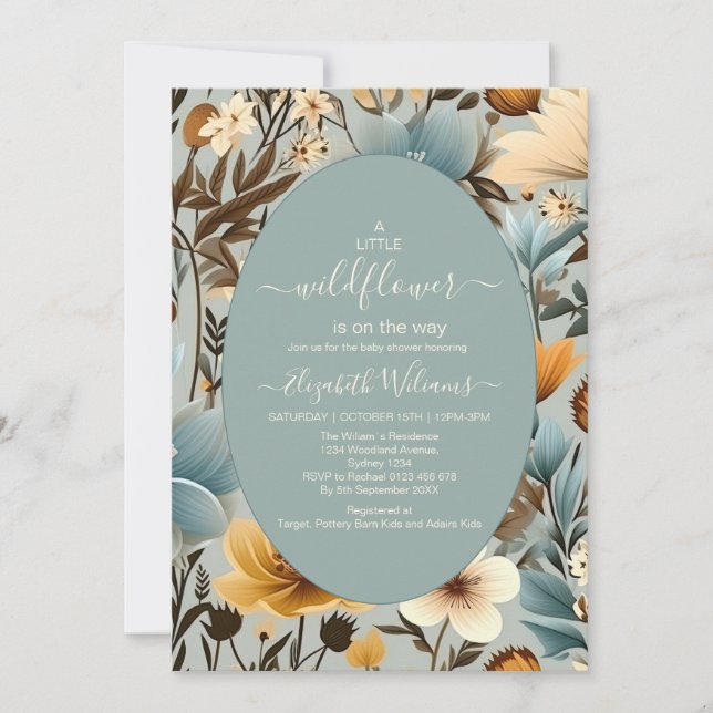 Invitation Blue Retro Un Petit Baby shower Fleur sauvage (Devant)