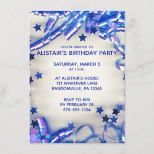 Invitation Blue Ribbon & Confetti Boys fête d'anniversaire