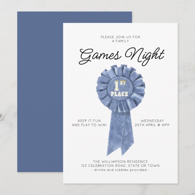 Invitation Blue Ribbon Famille Réunion Famille Jeux Nuit (Devant / Derrière)