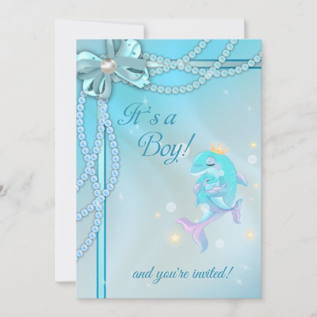 Invitation Blue Ribbons Lace Pearles Dolphin Boy Baby shower (Devant)