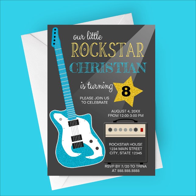 Invitation Blue Rockstar Birthday Party (Our Little Rockstar | Blue Guitar Birthday Party Invitation)