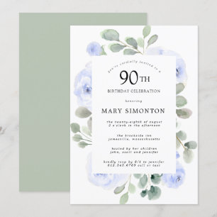 Invitation Blue Rose Floral Eucalyptus 90e fête d'anniversair