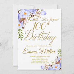 Invitation Blue Rose Floral Surprise 100e fête d'anniversaire