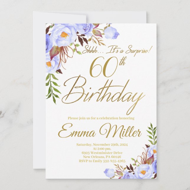 Invitation Blue Rose Floral Surprise 60e fête d'anniversaire (Devant)