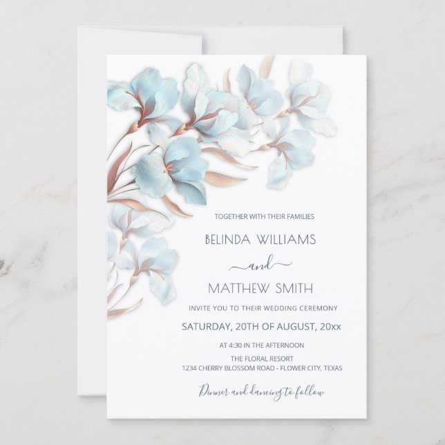 Invitation Blue  Rose Gold 3D Flowers  (Devant)