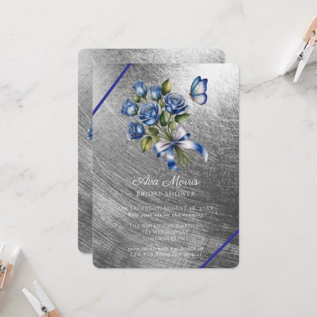 Invitation Blue Roses Butterfly Silver Bridal Shower (Devant/Arrière en situation)