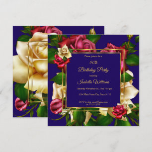 Invitation Blue Rouge crème Rose floral or fête d'anniversair