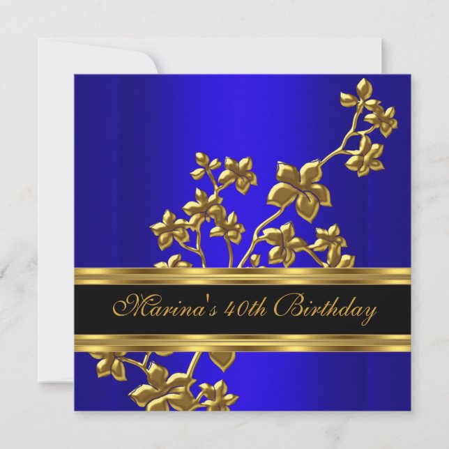 Invitation Blue Royal Elegant 40e anniversaire fête Black Gol (Devant)