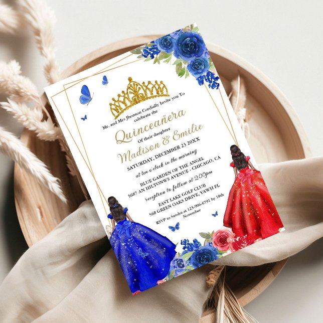 Invitation Blue Royal & Red Butterfly Twin Quinceanera (Créateur téléchargé)