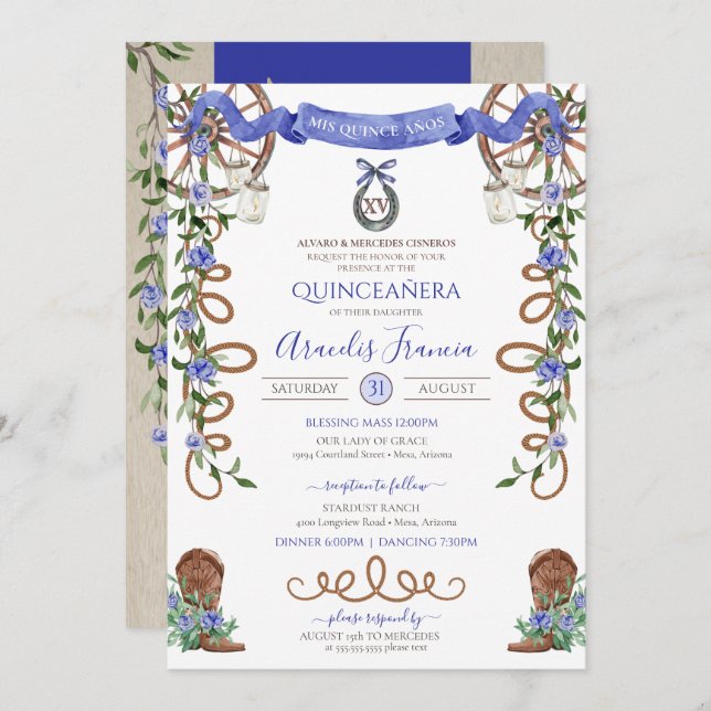 Invitation Blue Rustic Boho Western Charra Thème Quinceanera (Devant / Derrière)