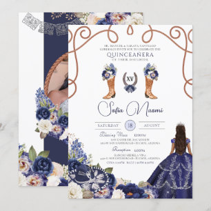 Invitation Blue Rustic Floral Charro Photo Quinceañera