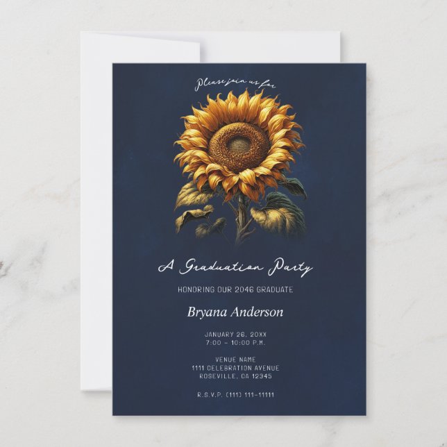 Invitation Blue Rustic Sunflower Graduation Party (Devant)