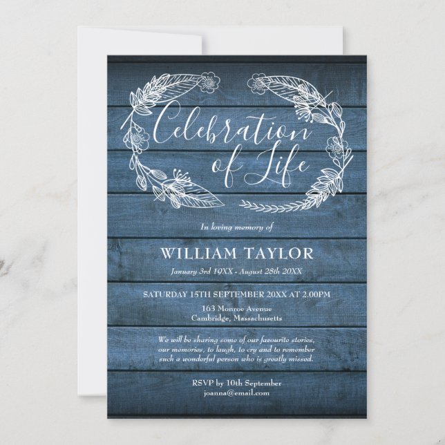 Invitation Blue Rustic Wood Célébration de la vie funéraire (Devant)
