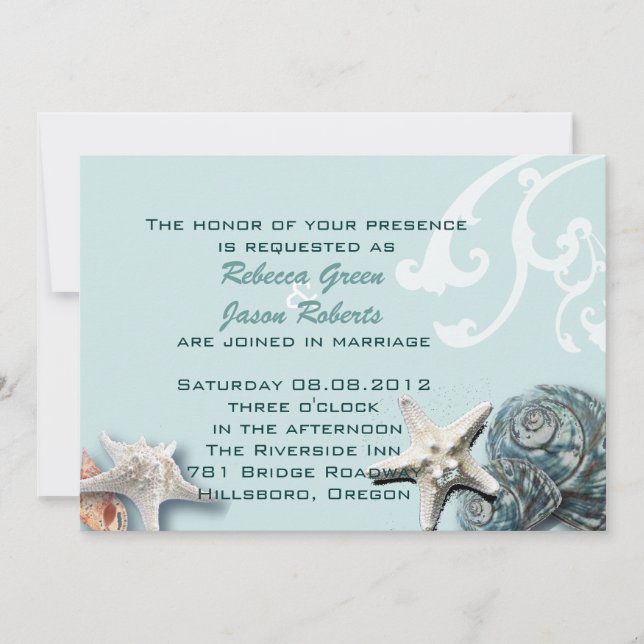 Invitation BLue Seashells Beach Mariage (Devant)