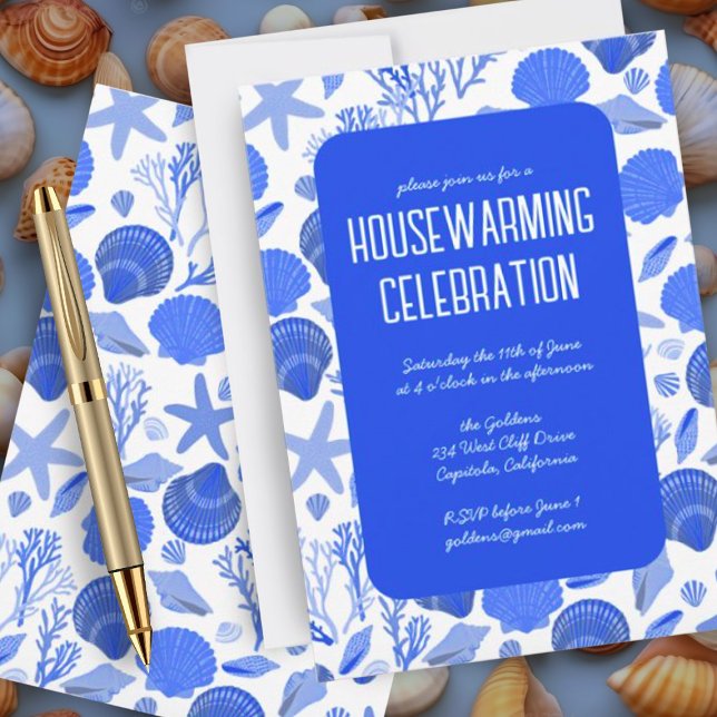 Invitation Blue Seashells Chic Beach House Party (Custom housewarming party invitation with a blue and white nautical ocean seashell pattern)