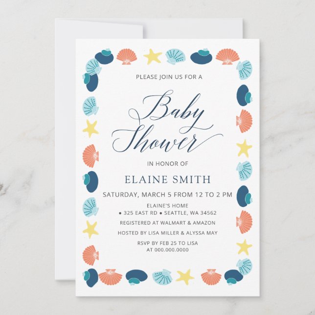Invitation Blue Seashells Ocean Sea Beach Baby shower (Devant)