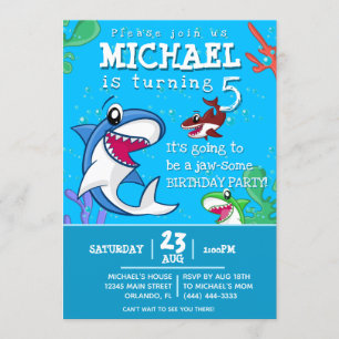 Invitation Blue Shark mignonne Sea Life Anniversaire de enfan