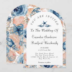 Invitation Blue Shell Flowers Aquarelle Plage Mariage