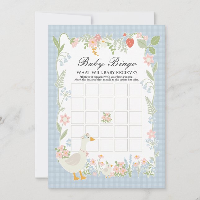 Invitation Blue Silly Goose Floral En vichy Baby Bingo Jeu (Devant)