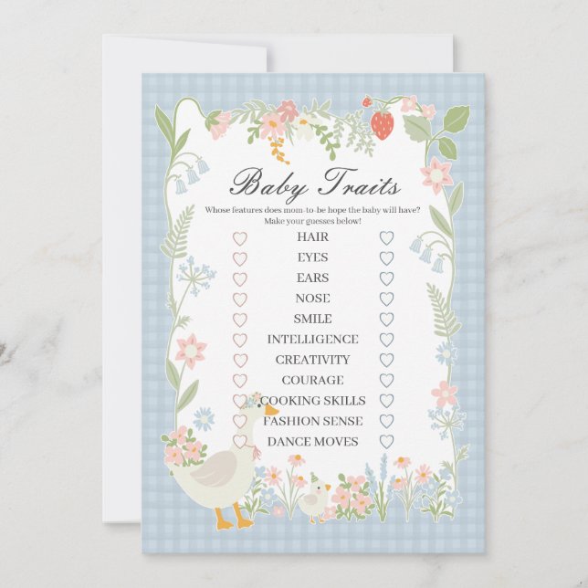 Invitation Blue Silly Goose Floral En vichy Baby Traits Jeu (Devant)