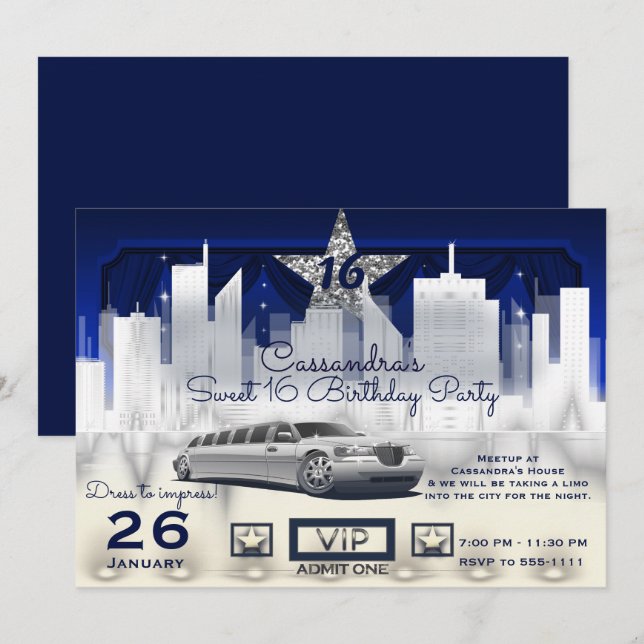 Invitation Blue Silver City Night Lights Limo Anniversaire (Devant / Derrière)