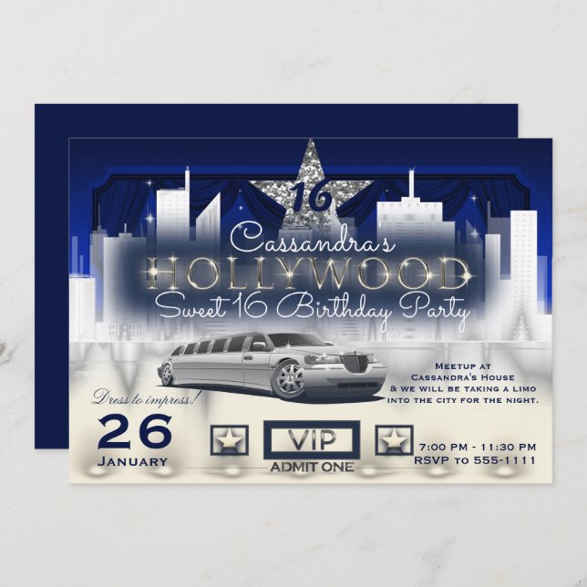 Invitation Blue Silver City Night Lights Limo Hollywood Party (Devant / Derrière)