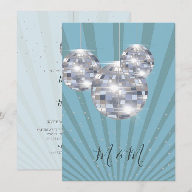 Invitation Blue Silver Disco Sun Rays Chic Mariage (Devant / Derrière)
