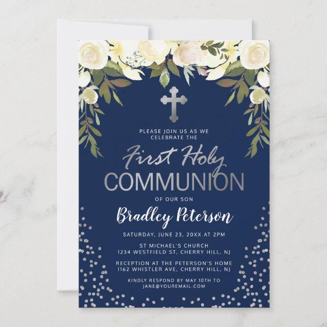 Invitation Blue Silver Floral Boy First Holy Communion (Devant)