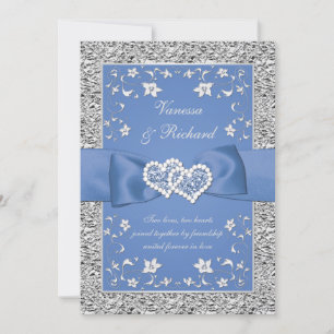Invitation Blue Silver Floral Hearts FAUX Foil Wedding Invite
