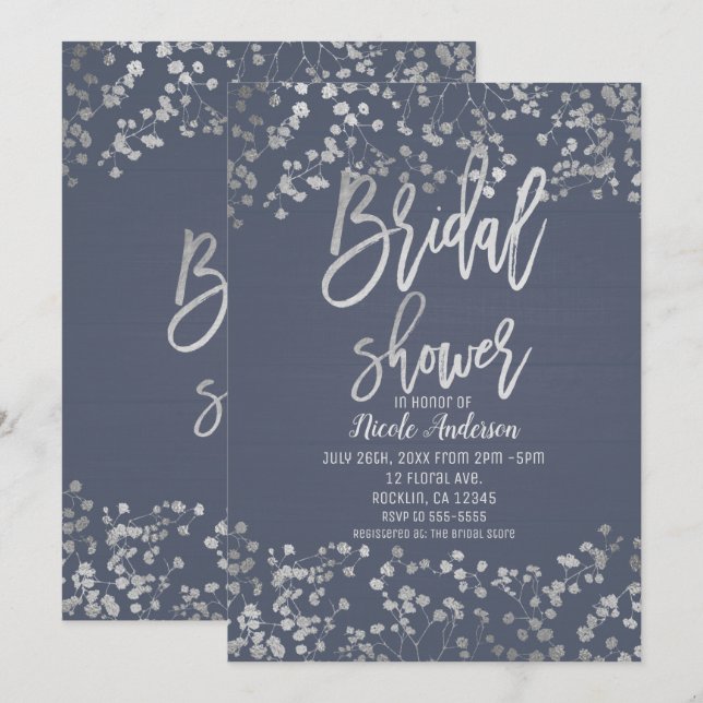 Invitation Blue Silver Foil Babys Respire Fête des mariées mo (Devant / Derrière)