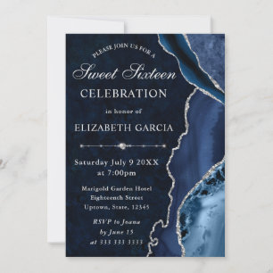 Invitation Blue & Silver Glitter Agate et marbre Sweet 16