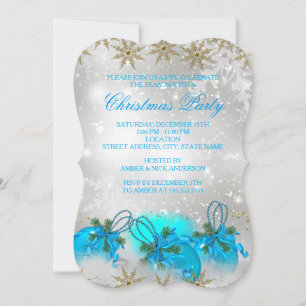 Invitation Blue Silver & Gold Holly Baubles Noël