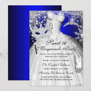 Invitation Blue & Silver Princess Masquerade Sweet 16 Invitat