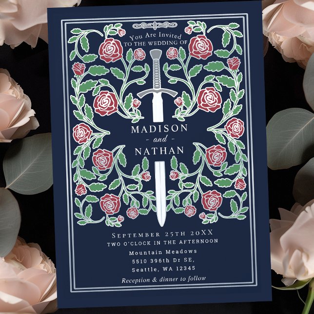 Invitation Blue Silver Sword Floral Medieval Fantasy Wedding (Créateur téléchargé)