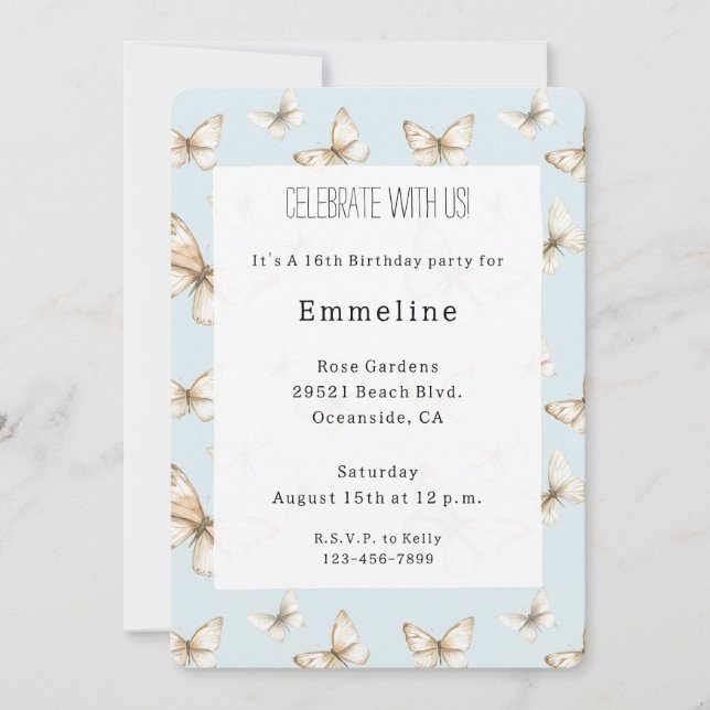 Invitation Blue Skies & Butterflies Birthday (Devant)