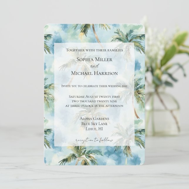 Invitation Blue Skies Tropical Island Palm Trees Wedding (Debout devant)