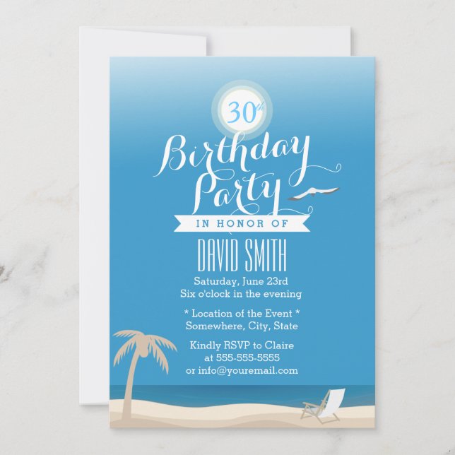 Invitation Blue Sky Beach Thème 30e fête d'anniversaire (Devant)