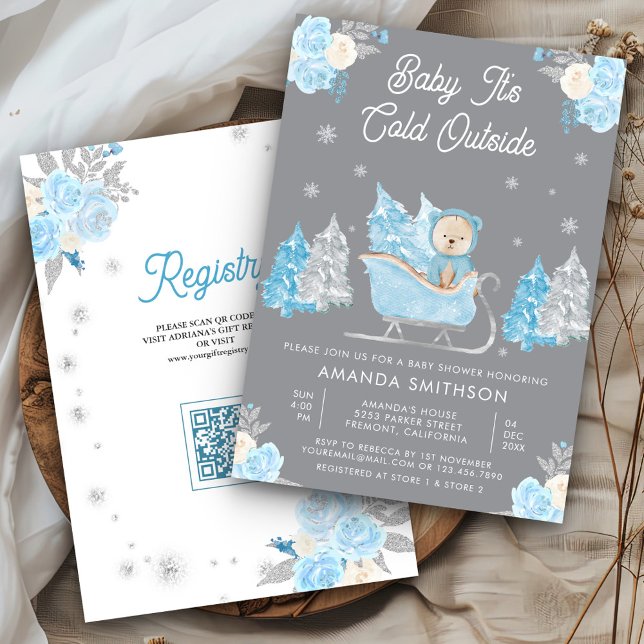 Invitation Blue Sleigh Cute Teddy Bear Gris Baby shower (Créateur téléchargé)