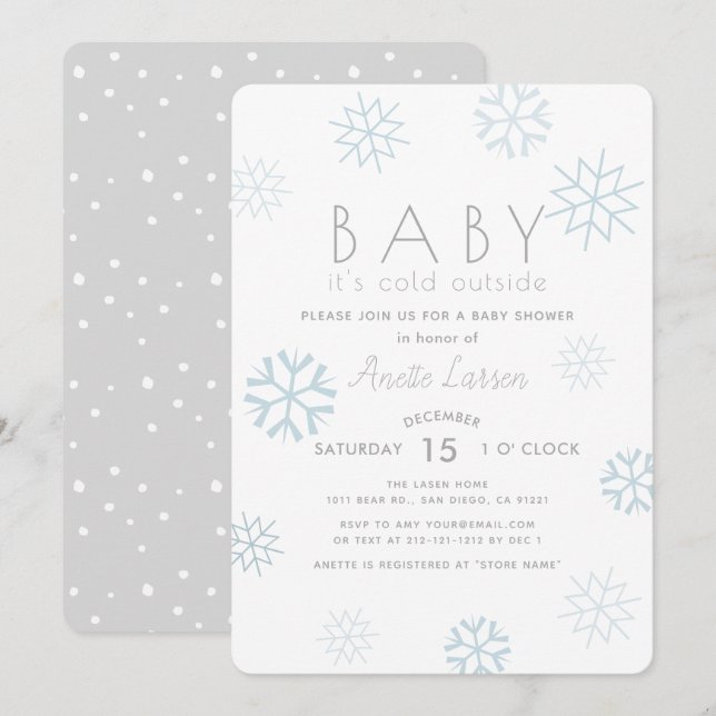 Invitation Blue Snowflakes Baby Sa douche extérieure froide (Devant / Derrière)